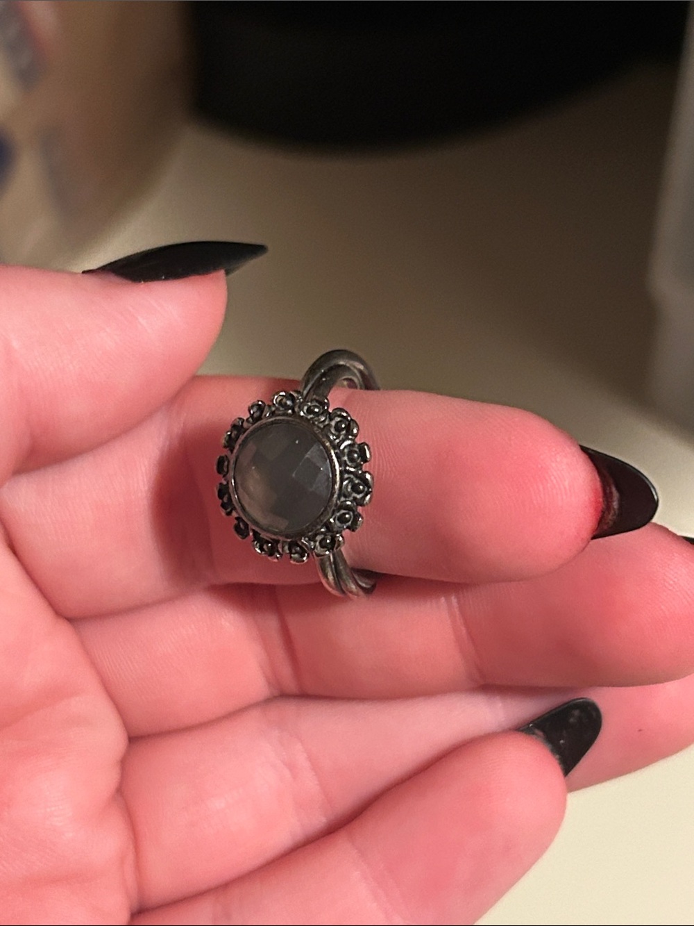 Vintage-Inspired Black Silver Ring with Gray Moonrock